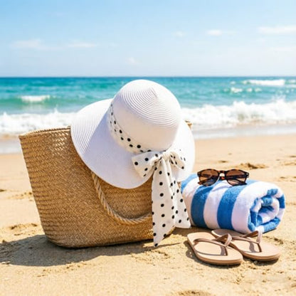DRESHOW Women Straw Panama Hat Travel Fedora Beach Sun Hat Summer Wide Brim Straw Roll up Hat UPF 50+ - color: 1 Pack Bowknot Straw Hat: White (White Band)