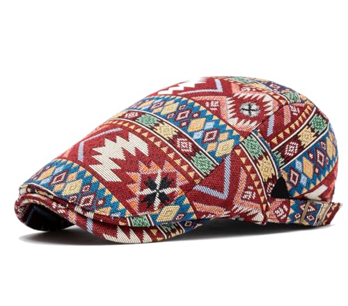 Cotton Newsboy Cap,Breathable Ivy Gatsby Cabbie Beret Hat for Men's Women Driving Hunting Golf - color: Ethnic Red