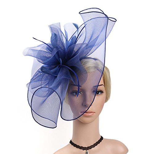 Women's Fascinators Hat for Women Tea Party Headband Wedding Cocktail Flower Mesh Feathers Hair Clip - color: 01 Navy