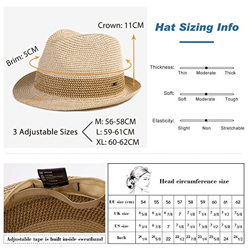Fancet Packable Straw Fedora Panama Sun Summer Beach Hat Cuban Trilby Men Women 56-67cm - color: 16010#beige, size: X-Large