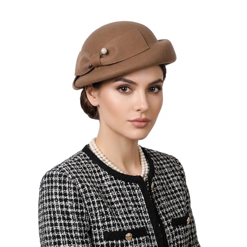 Vintage Wool Felt Cloche Bucket Bowler Hat Women Church Wedding Fascinator Formal Dress Hat Winter Fedoras - color: Dark Camel