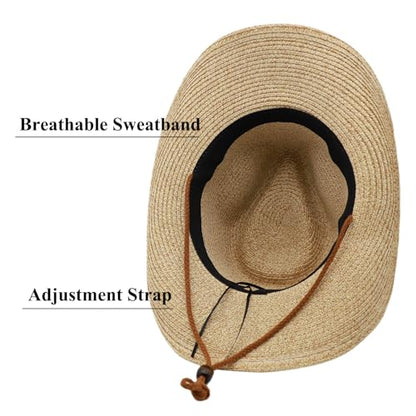 Straw Cowgirl Hat for Women Cowboy Hats for Men Wide Brim Sun Hat Shapeable Western Hat Beach Hat - color: Beige-khaki Blend