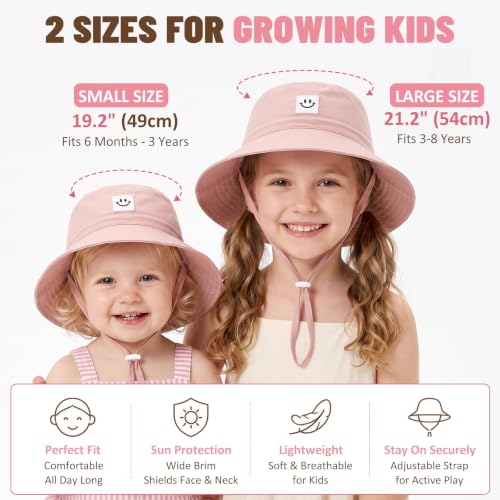 Kids Sun Hat Smile Face Bucket Hat Toddler Hat Wide Brim Adjustable Strap - color: Pink+white, size: 3-8T