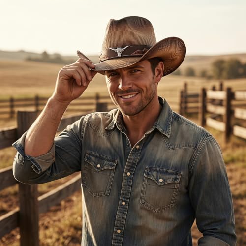 Straw Cowboy Hats for Women and Men - color: Sf-bronw, size: Medium