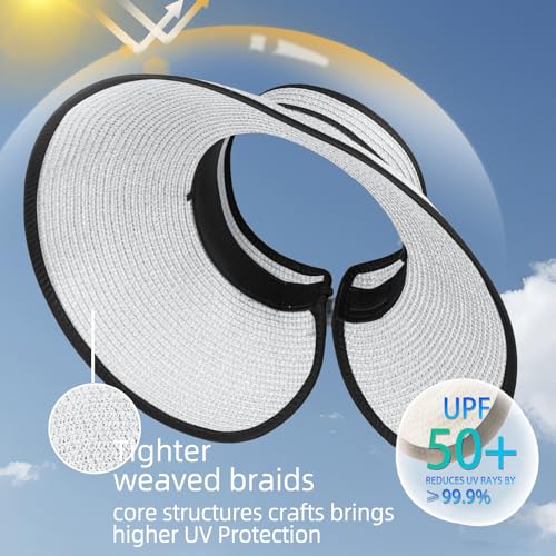 Women's Sun Visor Hats Wide Brim Straw Beach Hat Ponytail Hats for Women Foldable Floppy - color: 1pack-white/Black