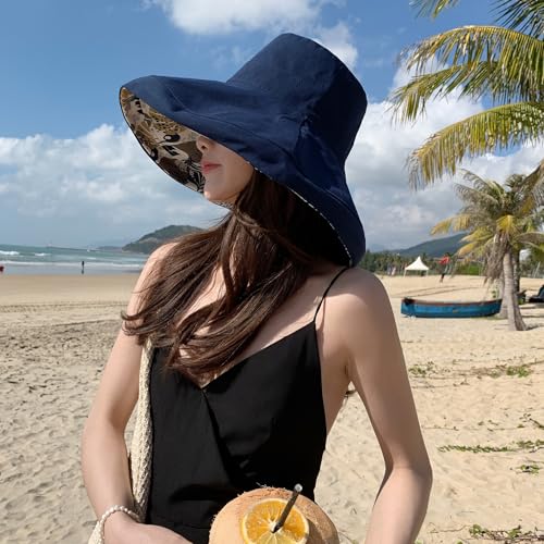 Women Wide Brim Sun Protection Hat Summer Fishing Hats - color: Navy and Leaf Print