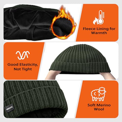 Winter Beanie Merino Wool Fleece Lined for Men Women Soft Warm Knit Hat Ski Stocking Cuffed Cap - color: Green