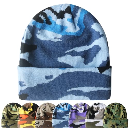 PFFY Beanie for Men Women Unisex Knit Cuffed Winter Beanies Hats Skull Cap - color: Camo Blue