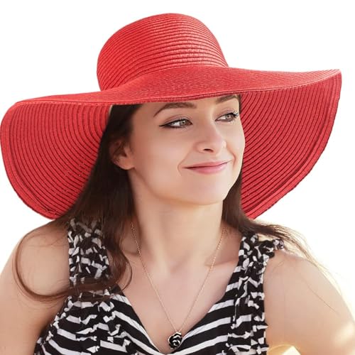 Women's Wide Brim Sun Hat - UV Protection Floppy Straw Sunhat Summer 7 1/4 - color: 003 Red, Size 58cm, for 22 - 22 7/8" ( 7, 7 1/8, 7 1/4 )