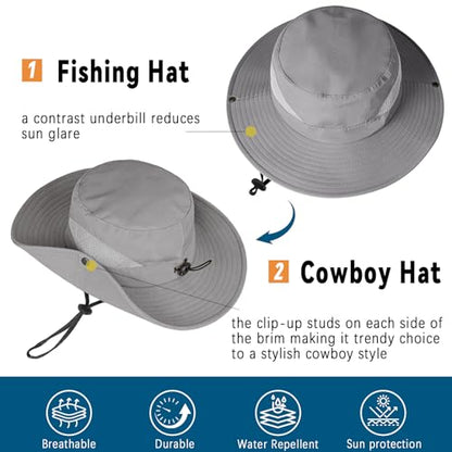 ZOORON Sun Hats for Men Women, Wide Brim Safari Hats UV Protection UPF50+ Waterproof Boonie Hats for Fishing Hiking Camping - color: 1pack-gray