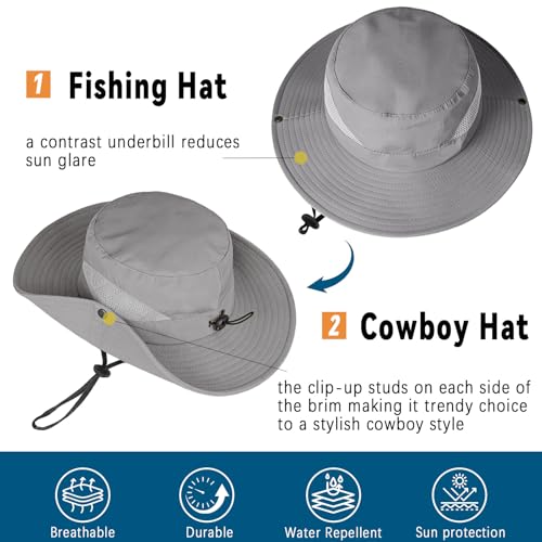 ZOORON Sun Hats for Men Women, Wide Brim Safari Hats UV Protection UPF50+ Waterproof Boonie Hats for Fishing Hiking Camping - color: With One Pair Cooling Sleeves-1pack-gray