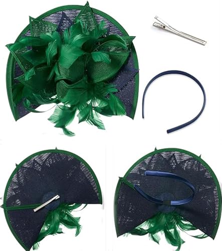 ORIDOOR Women Fascinators Derby Church Tea Party Wedding Flower Feathers Headpiece with Headband Clips - color: 02-dark Green