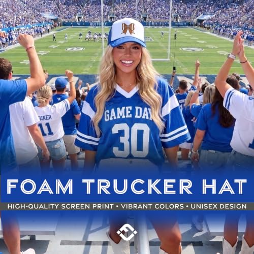 Funky Junque Premium Mesh Snapback Trucker Hat - Stylish Comfort for All - Patriotic, Humor & More - color: Football Bow - White/Royal Blue