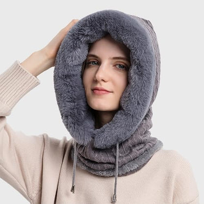 Women’s Knitted Beanie Hat with Face Cover - 3 in 1 Winter Balaclava with Mask Scarf Ear Muffs Pompom Fleece Lined Snow Caps - color: Grey-c