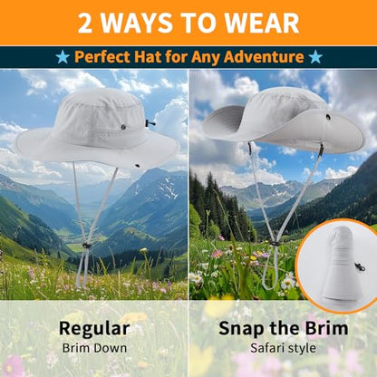 Home Prefer UPF50+ Mens Sun Hat Wide Brim Womens UV Protection Beach Bucket Hat for Fishing Hiking Snap Up Cowboy Hat - color: Light Grey