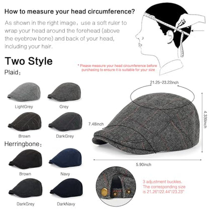 3Pcs Cotton Newsboy Hat for Men Cool Adjustable Flat Cap - color: Herring Bone-darkgrey+darknavy+brown