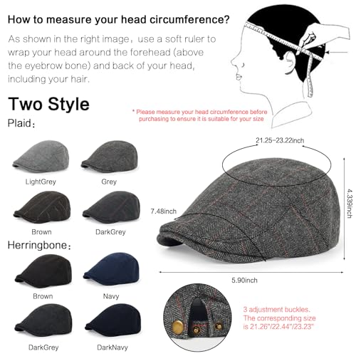 3Pcs Cotton Newsboy Hat for Men Cool Adjustable Flat Cap - color: Plaid-lightgrey+darkgrey+brown