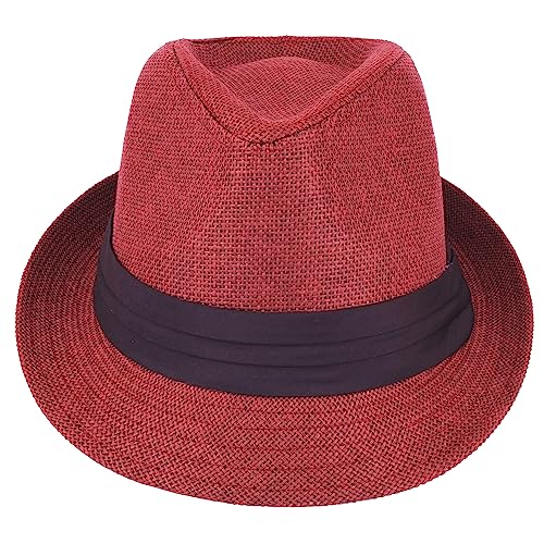 Gelante Summer Fedora Panama Straw Hats with Black Band - color: Red, size: Small-Medium