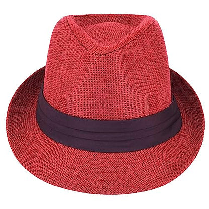 Gelante Summer Fedora Panama Straw Hats with Black Band - color: Red, size: Large-X-Large