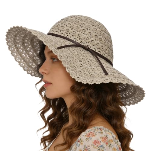 Womens Beach Sun Hats for Summer, Floppy Packable Wide Brim Hat for Vacation Travel - color: Khaki