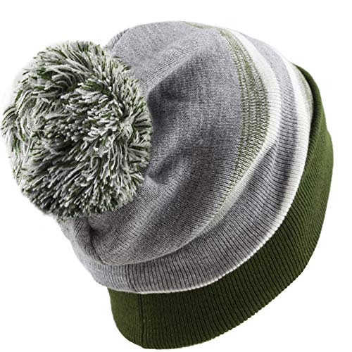 Winter Knit Beanie Hat with Pom Pom – Warm Cuffed Slouch Ski Cap for Men & Women - color: 1.olive and Grey With Pom