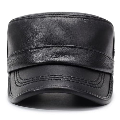 Men's Genuine Leather Cadet Army Caps Military Style Hat Flat Top Cap - color: Black