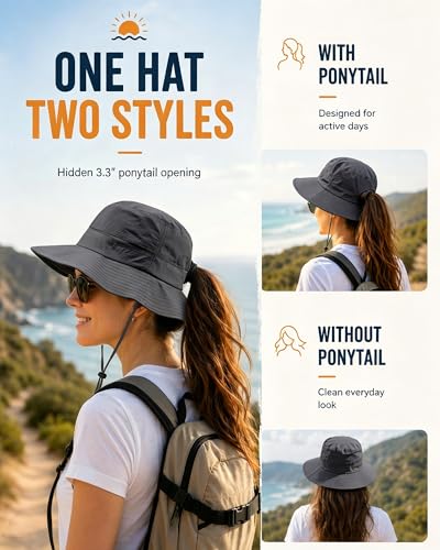 Womens Ponytail Sun Hat UPF50+ Waterproof Bucket Hat Packable Beach Hat - color: Dark Grey
