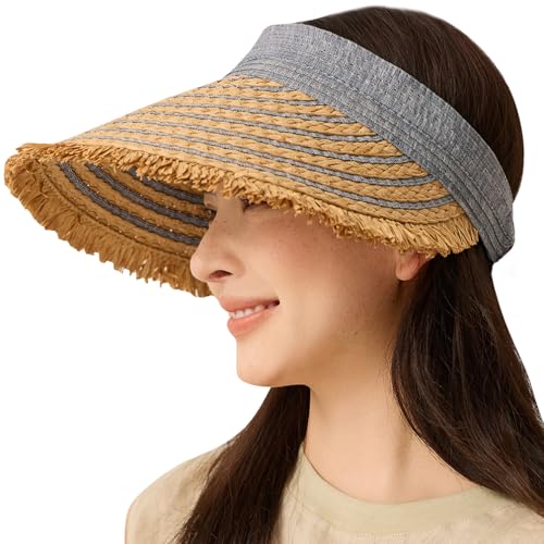 Straw Sun Visor Summer UV Protection Packable Wide Brim Beach Hat Ponytail Women - color: A-denim