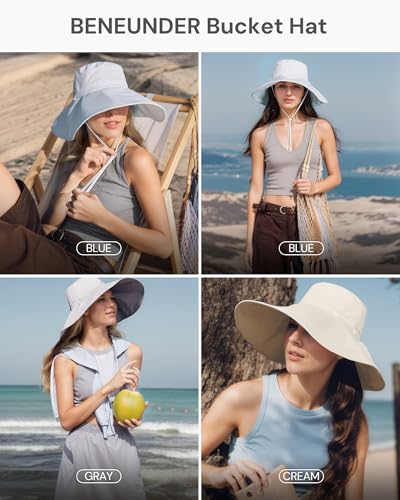 BENEUNDER Reversible Wide Brim Sun Bucket Hats UPF50+ UV Protection Foldable for Women Outdoor Beach Vacation Travel - color: Gray