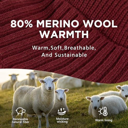 TOP-EX DryKnit™ 80% Merino Wool Waterproof Warm Brim Beanie with Ear Flaps - color: Red, size: X-Large-XX-Large
