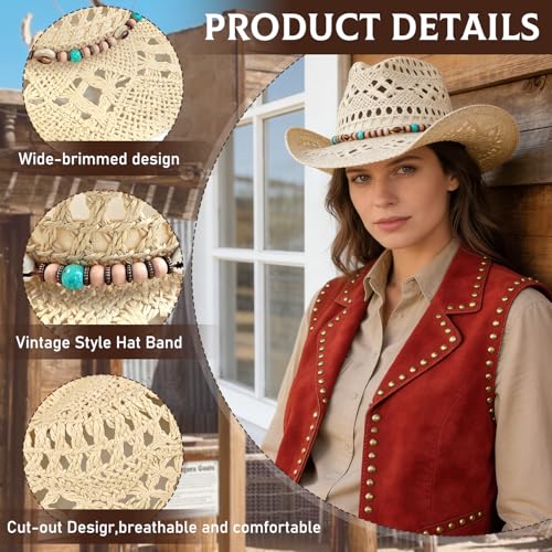 J.CARP Straw Cowboy Hat Cowgirl Hat Cowboy Hats Wide Brim Western Cowboy with Decorative Band - color: Style3