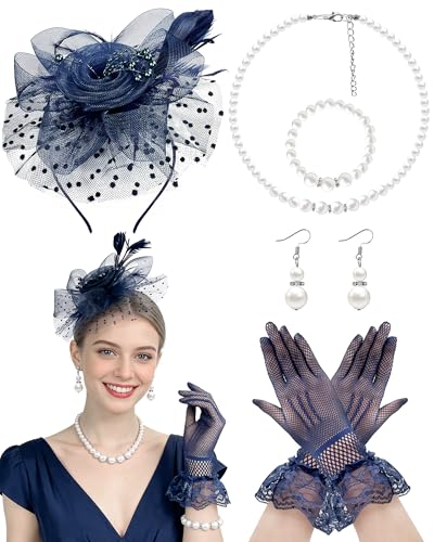 Fascinator Tea Party Hat Set for Women Elegant Vintage Accessories for High Tea Wedding Bridal Shower - color: Navy Blue