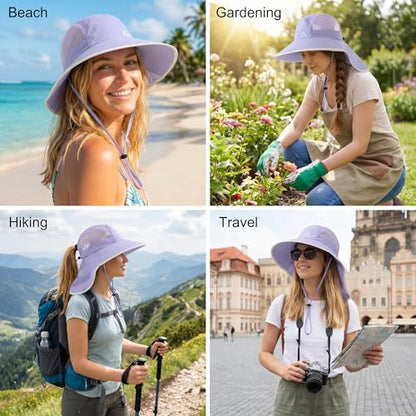 UV Sun Protection Hat Women Foldable Neck Flap Wide Brim Fishing Hat with Ponytail Hole for Women - color: Light-purple