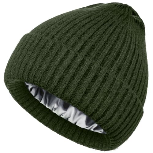 Satin Lined Wool Acrylic Blend Beanie Hat Women Men, Winter Knit Cap - color: Army Green
