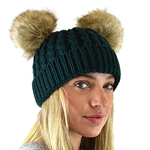 C.C 2 Ear Pom Pom Cable Knit Soft Stretch Cuff Skully Beanie Hat - color: Faux Fur Deep Pine