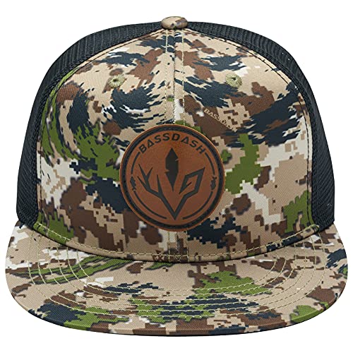 BASSDASH Flat Brim Trucker Cap Adjustable Snapback Hat Mesh Back for Men Women - color: Highland