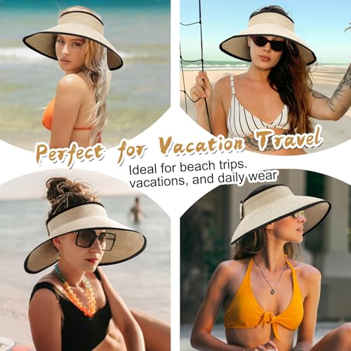 Women's Sun Visor Hats Wide Brim Straw Beach Hat Ponytail Hats for Women Foldable Floppy - color: 1pack-beigeblack