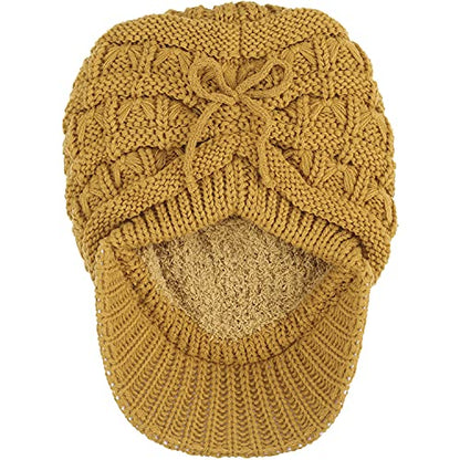 BYOS Womens Winter Chic Cable Warm Fleece Lined Crochet Knit Hat W/Visor Newsboy Cabbie Cap - color: Basket Woven-mustard Yellow