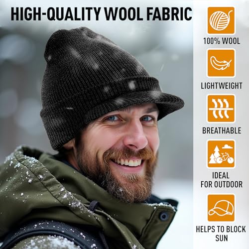 Genuine G.I. Winter Beanie Cap with Visor, 100% Knitted Wool, Double-Layer Winter Hat, Made in USA - color: Black