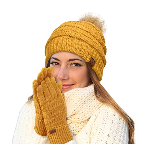 C.C Hatsandscarf Exclusives Unisex Solid Ribbed Beanie with Pom (HAT-43) - color: A Gift Set-mustard