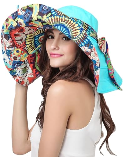 Women's Foldable Floppy Sun Hats Reversible Vacation Beach Cap Summer Wide Brim UPF 50+ Travel Fishing Bucket Hat - color: Blue