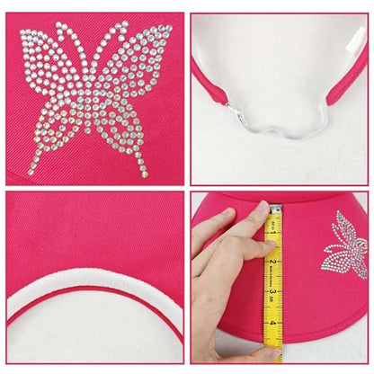 Sun Visors Hats Women Rhinestone Butterfly Wide Brim Hat Adjustable Golf Tennis Beach Sports Caps - color: Butterfly-rose Red