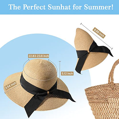 Pleneal Beach Sun Staw Hats for Women, UPF 50+ Foldable Wide Brim Sun Hat - color: Khaki -E