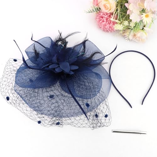 Semato Fascinators Hats for Women Mesh Feathers Elegant Navy Blue Tea Party Kentucky Hat Derby Headband with Hair Clip - color: Navy Blue