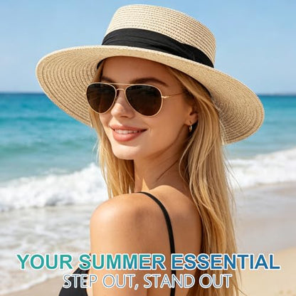 DRESHOW Women Straw Panama Hat Travel Fedora Beach Sun Hat Summer Wide Brim Straw Roll up Hats UPF 50+ - color: Fedora L Beige a