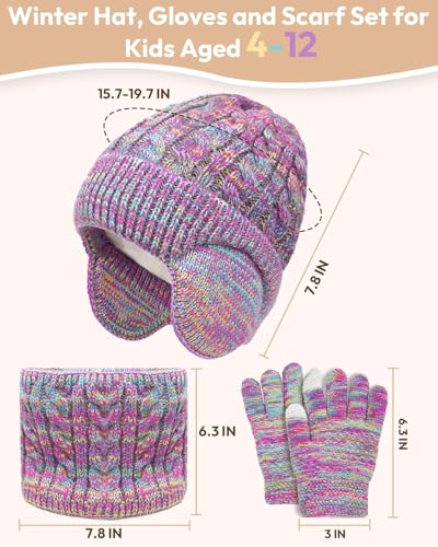 Kids Winter Hat Gloves Scarf Set,Toddler Girls Boys Beanie Hat with Earflaps,Knit Mittens & Neck Gaiter Warmer for Kids 4-12 - color: Watermelon Red Mix