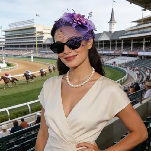 Semato Fascinators Hats for Women Mesh Feathers Elegant Purple Tea Party Kentucky Hat Derby Headband with Hair Clip - color: Purple