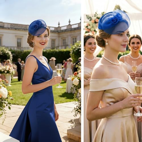 DRESHOW Fascinator Hats for Women Cocktail Tea Party Hat Netted Pillbox Hat Vintage Derby Hats for Bridal Wedding - color: Pillbox Hat: Dark Blue