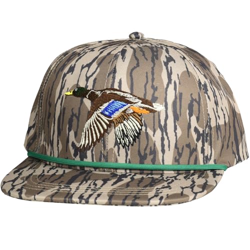 EDTREK Performance Outdoorsman Snapback Truck Hat with Flat Brim - Unique Animal Embroidery - color: Flying Duck With Rope-bottomland Camo