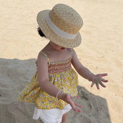 Girls Straw Boater Hat Kids Beach Hats Toddler Natural Wheat Straw Skimmer Hat Boys Handmade Flat Crown Sun Hats - color: Black